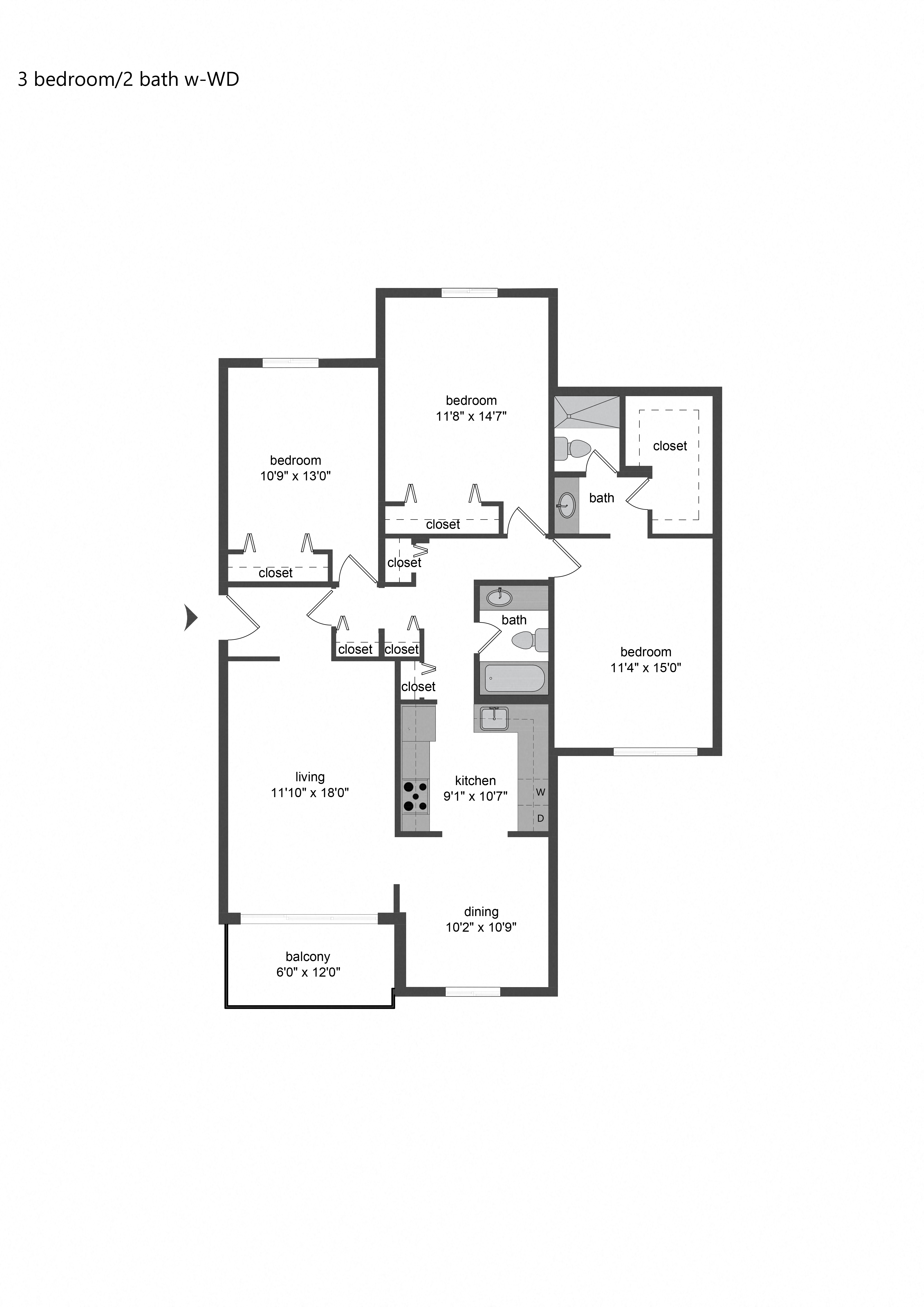 Floor plan for 3 beds, 2 baths, 1376 sqft